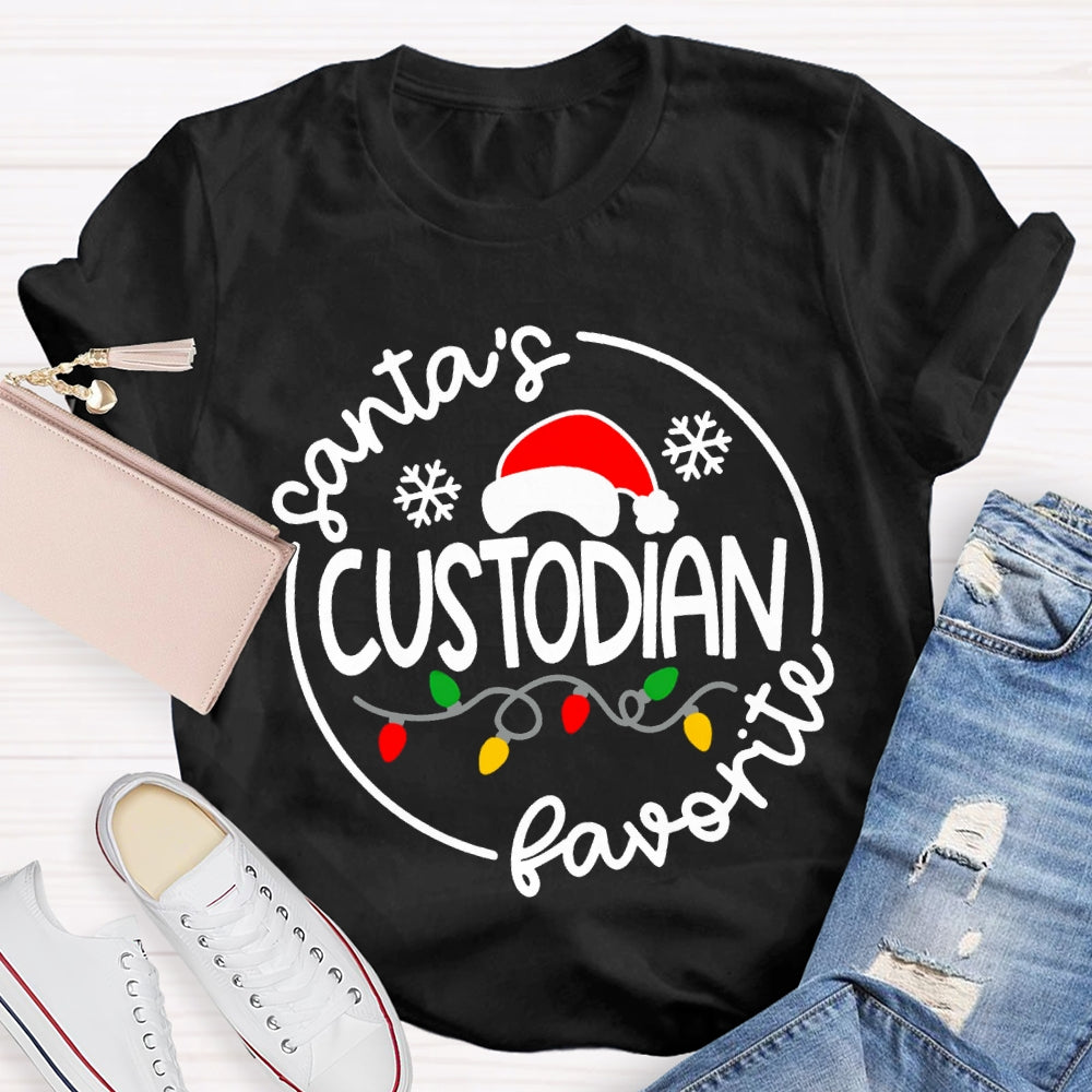 Santa'S Favorite Custodian Santa Hats And Christmas Lights T-shirt