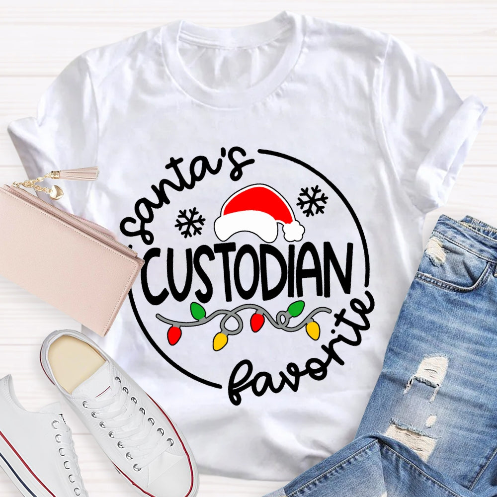 Santa'S Favorite Custodian Santa Hats And Christmas Lights T-shirt