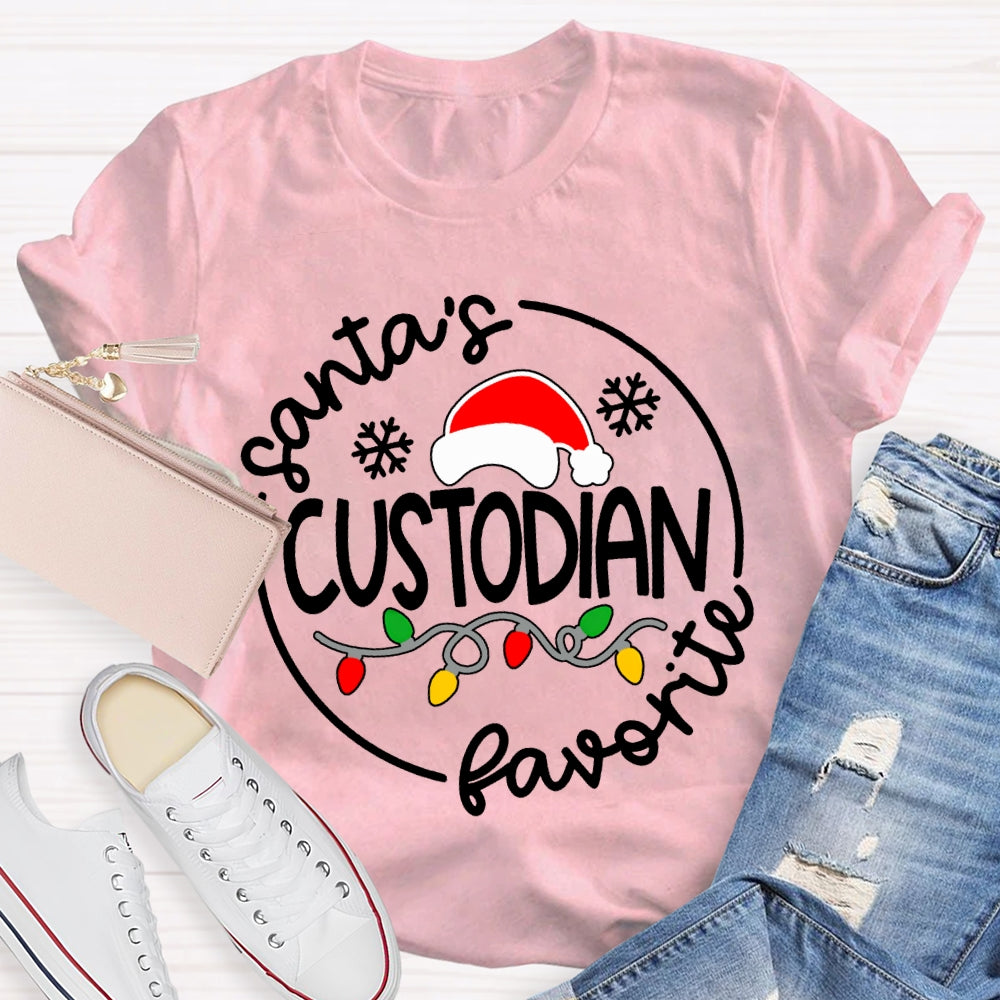 Santa'S Favorite Custodian Santa Hats And Christmas Lights T-shirt