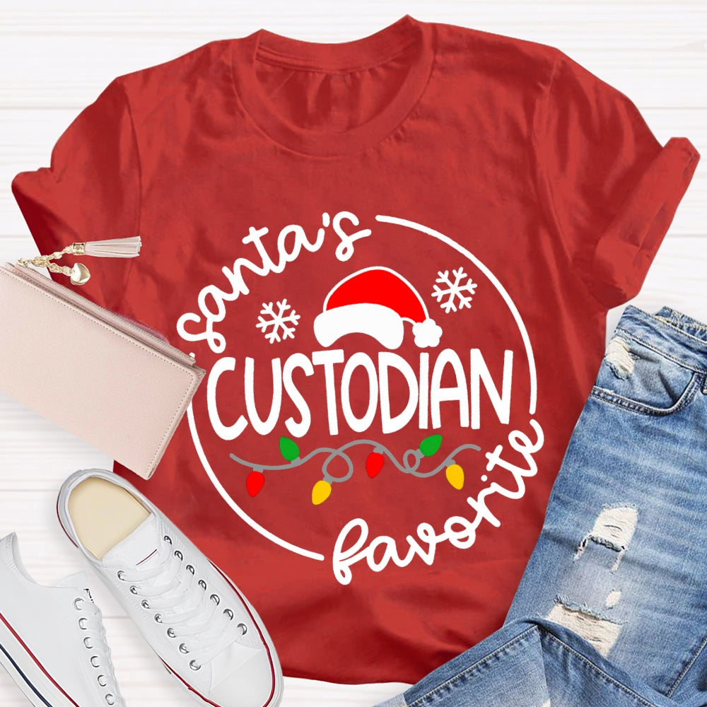 Santa'S Favorite Custodian Santa Hats And Christmas Lights T-shirt