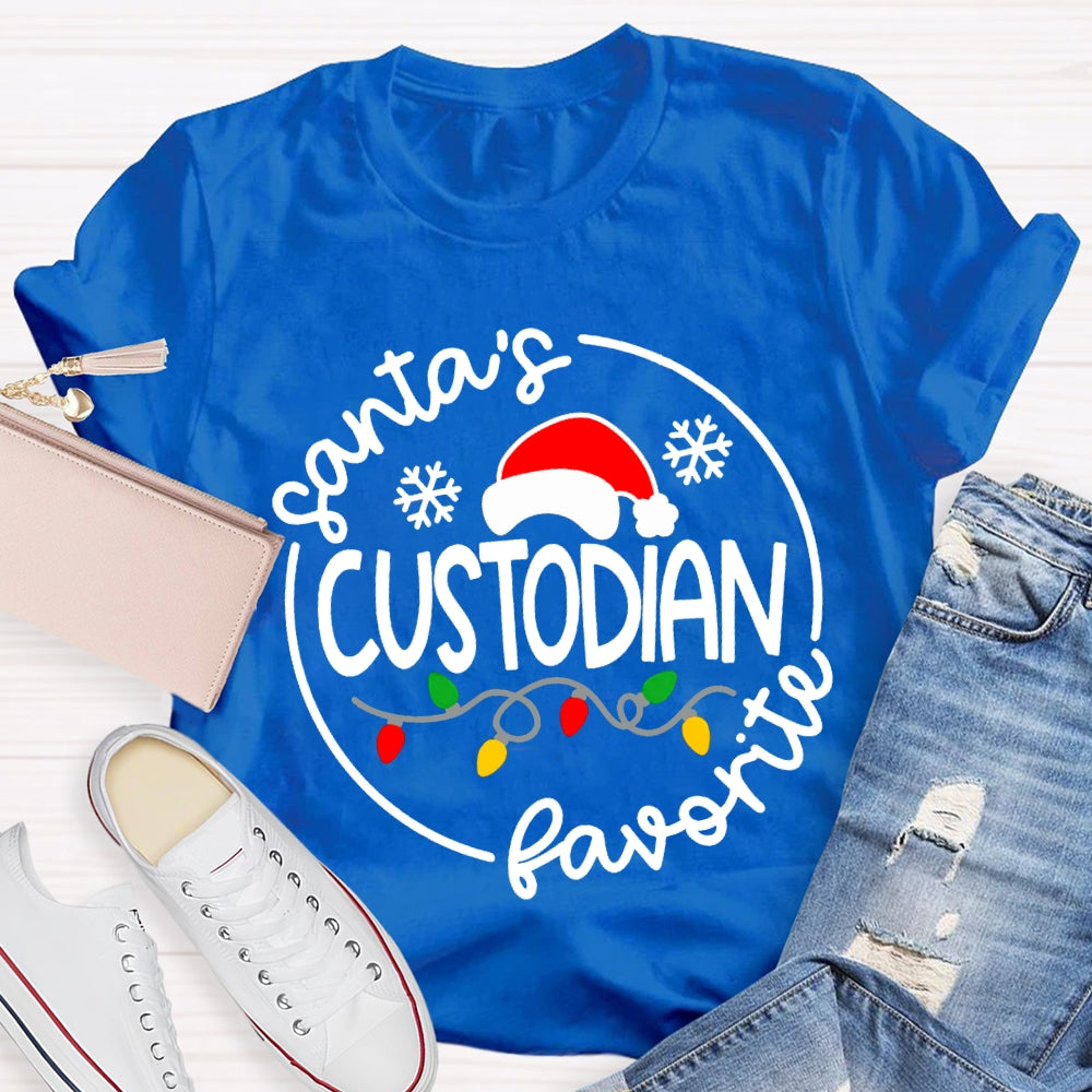 Santa'S Favorite Custodian Santa Hats And Christmas Lights T-shirt