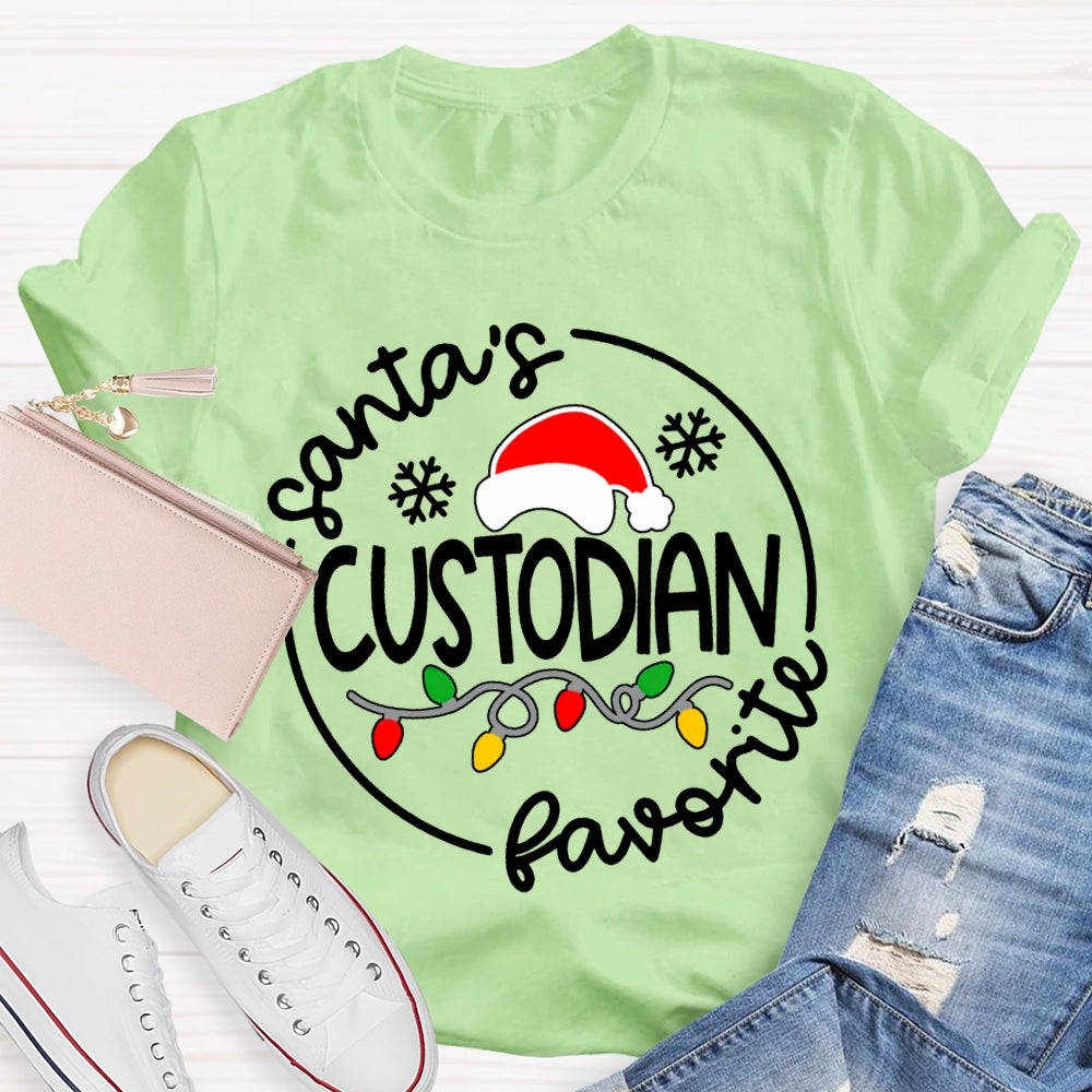 Santa'S Favorite Custodian Santa Hats And Christmas Lights T-shirt