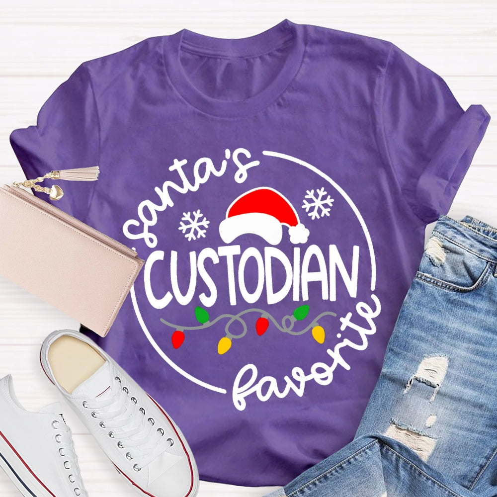 Santa'S Favorite Custodian Santa Hats And Christmas Lights T-shirt