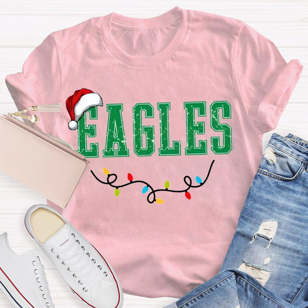 Personalized Mascot Eagles Christmas Lights And Santa Hats T-shirt