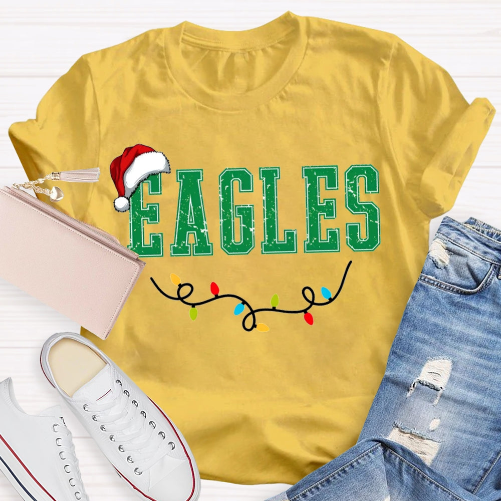Personalized Mascot Eagles Christmas Lights And Santa Hats T-shirt