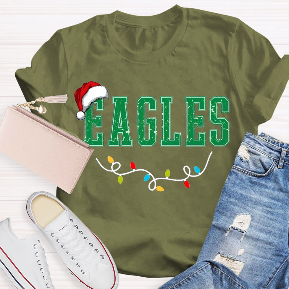 Personalized Mascot Eagles Christmas Lights And Santa Hats T-shirt