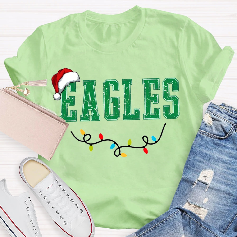 Personalized Mascot Eagles Christmas Lights And Santa Hats T-shirt