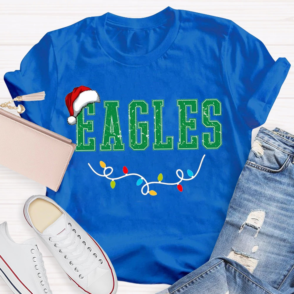 Personalized Mascot Eagles Christmas Lights And Santa Hats T-shirt