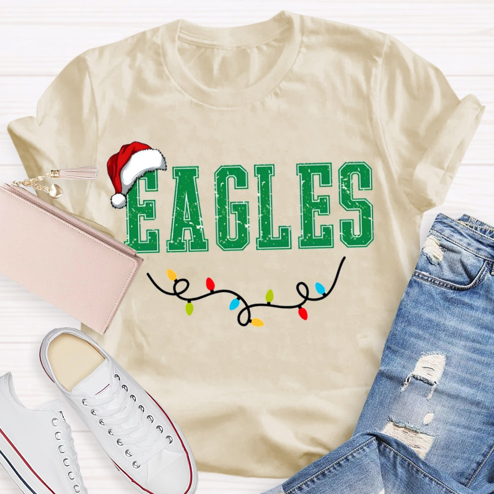 Personalized Mascot Eagles Christmas Lights And Santa Hats T-shirt