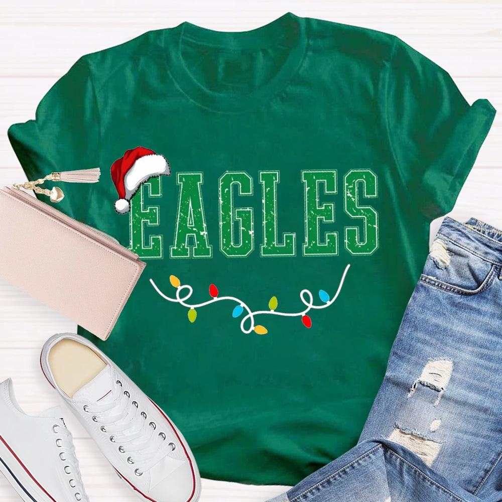 Personalized Mascot Eagles Christmas Lights And Santa Hats T-shirt
