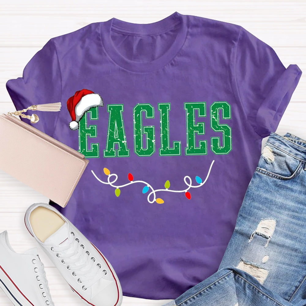 Personalized Mascot Eagles Christmas Lights And Santa Hats T-shirt