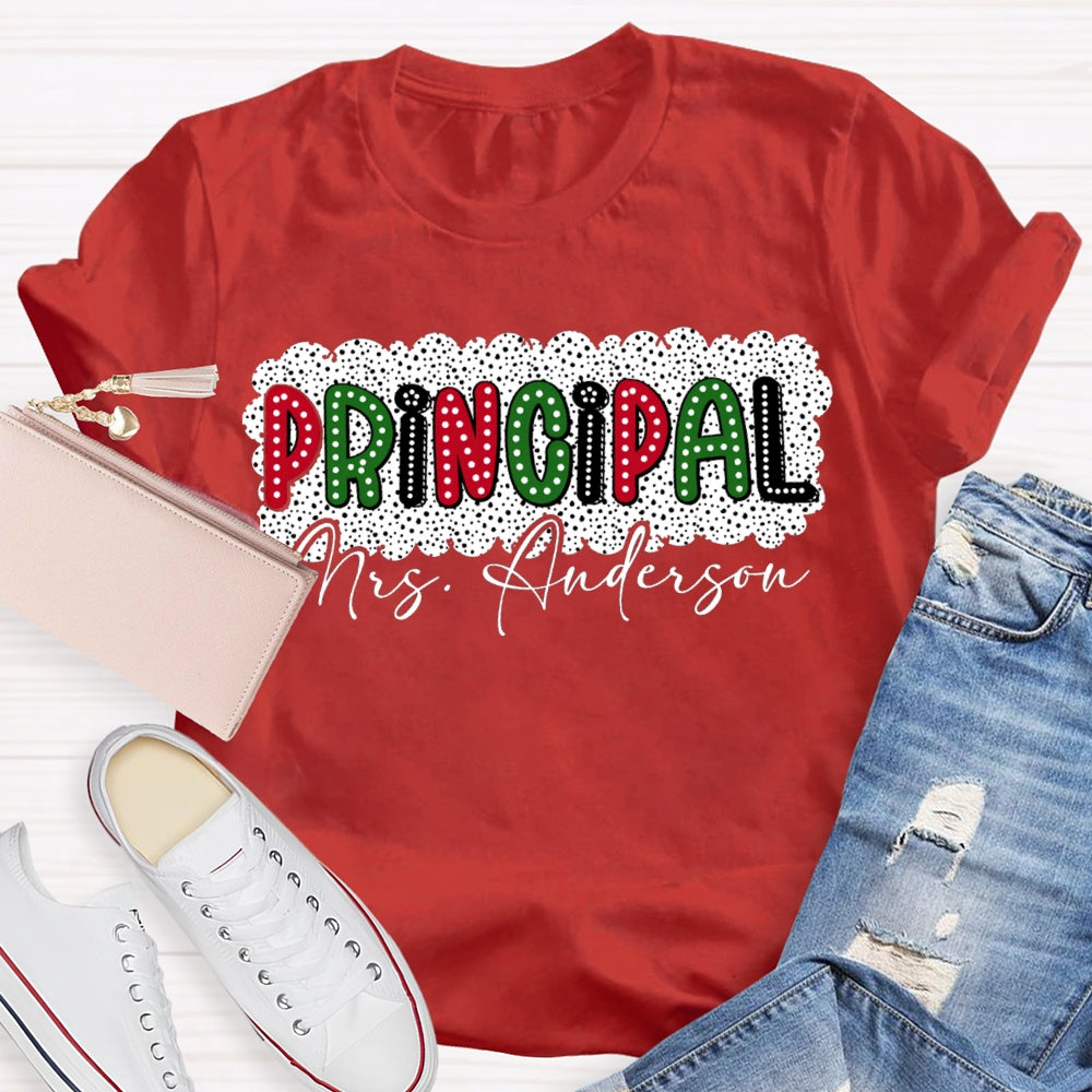 Personalized Name Principal Polka Dot Print Christmas T-shirt