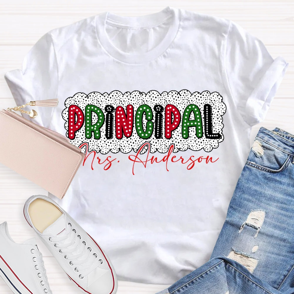 Personalized Name Principal Polka Dot Print Christmas T-shirt