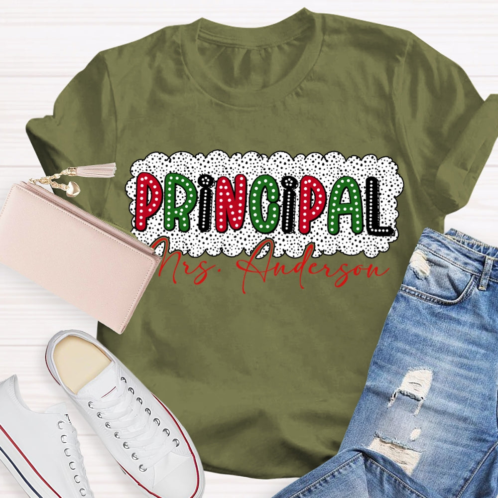 Personalized Name Principal Polka Dot Print Christmas T-shirt