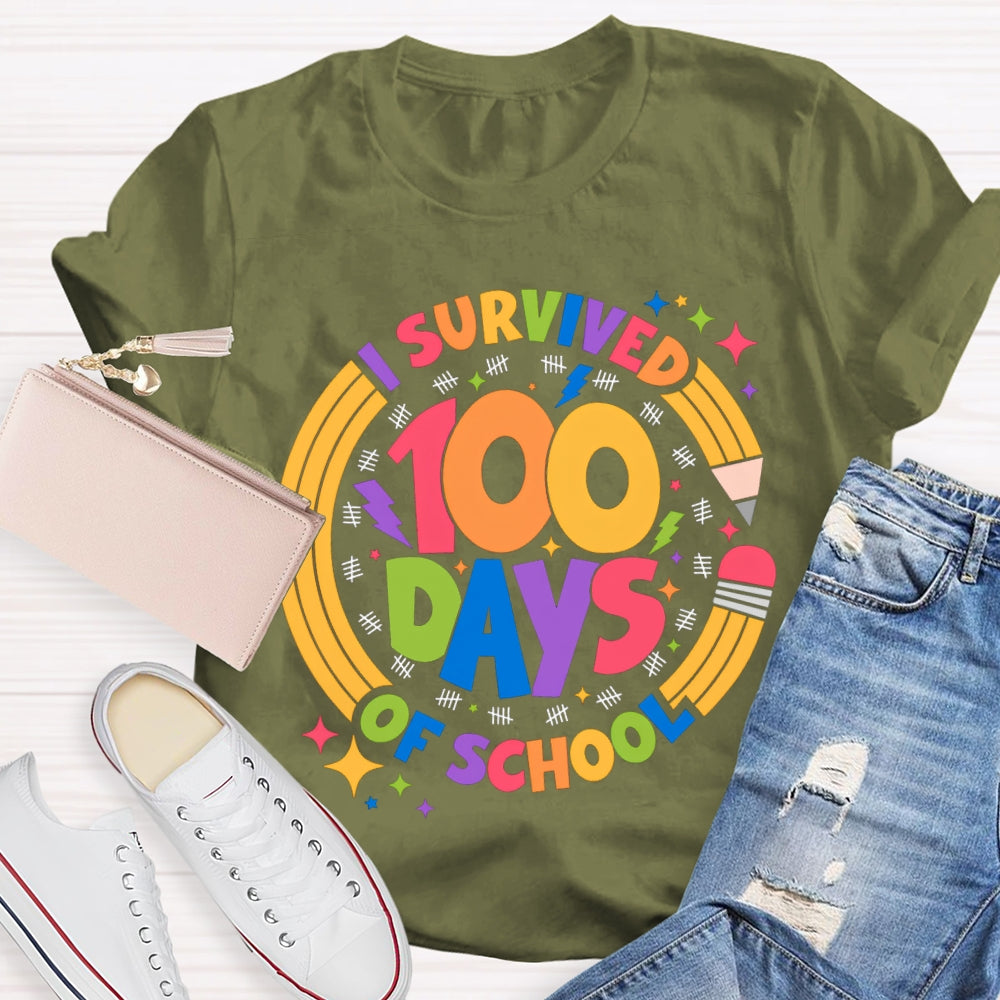 Survived 100 Days Of School Colored Fonts And Pencils T-shirt