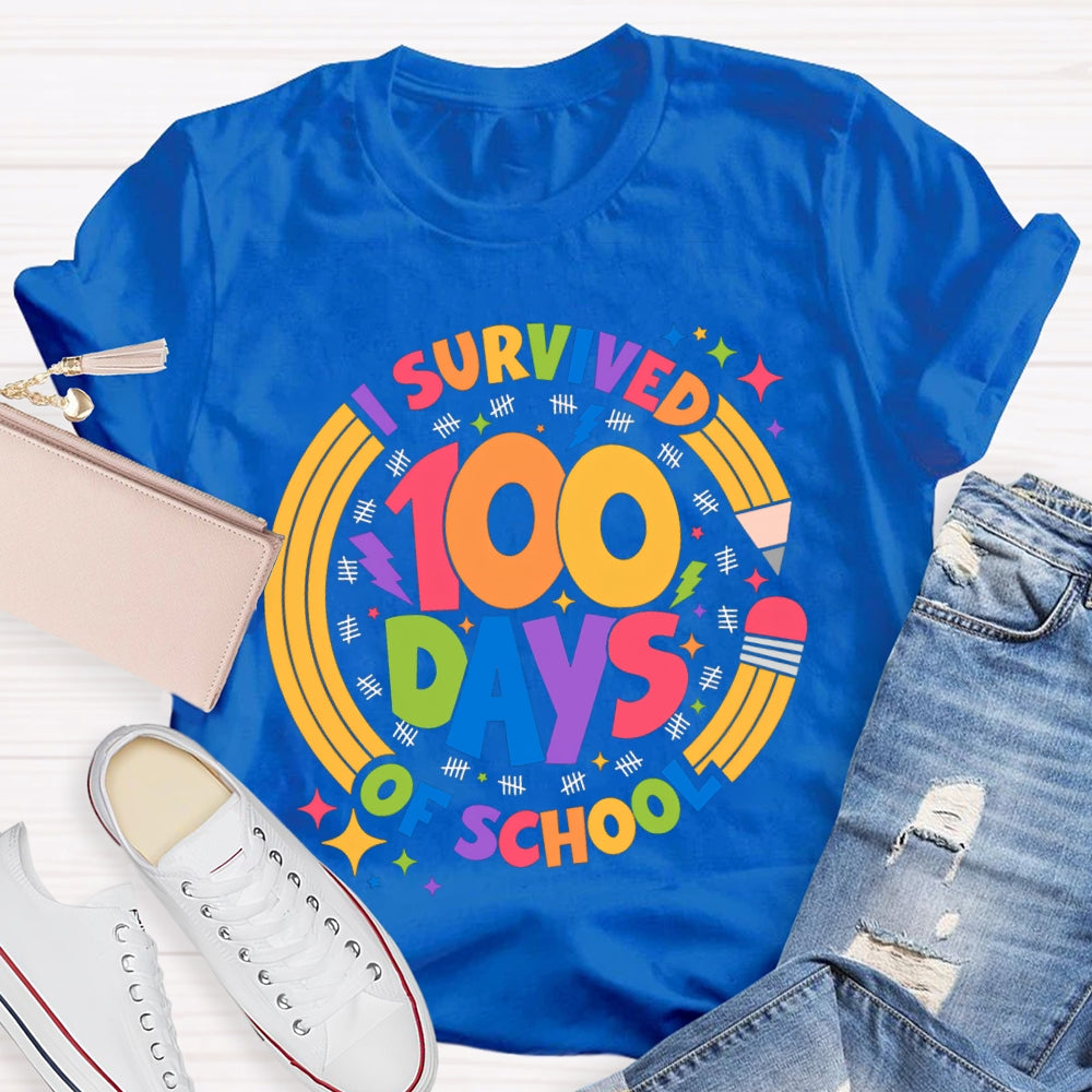 Survived 100 Days Of School Colored Fonts And Pencils T-shirt