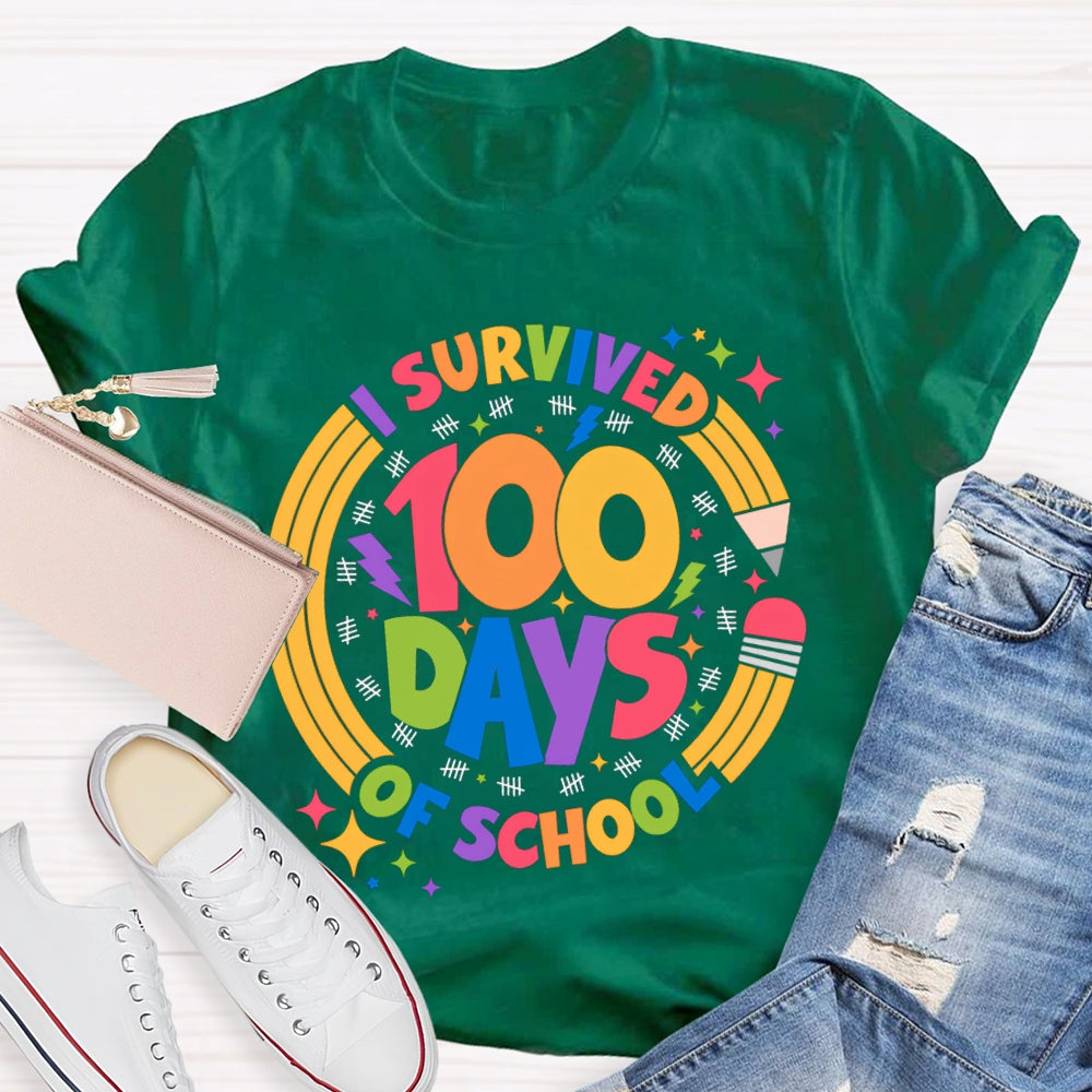 Survived 100 Days Of School Colored Fonts And Pencils T-shirt