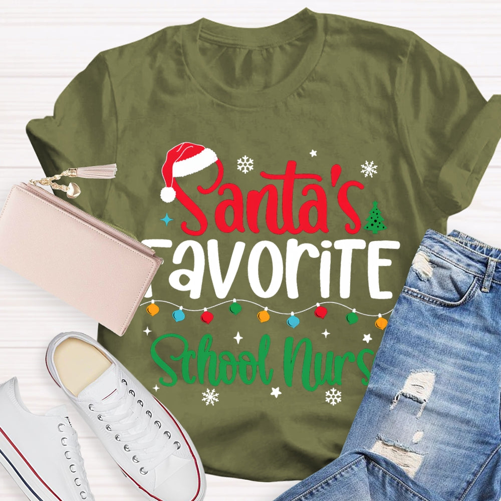 Santa'S Favorite School Nurse Christmas Lights And Santa Hats T-shirt