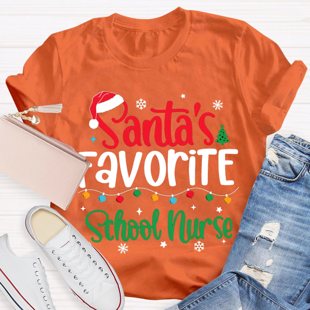 Santa'S Favorite School Nurse Christmas Lights And Santa Hats T-shirt
