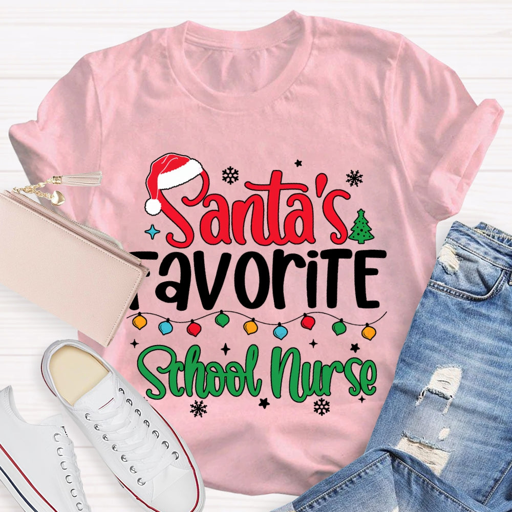 Santa'S Favorite School Nurse Christmas Lights And Santa Hats T-shirt