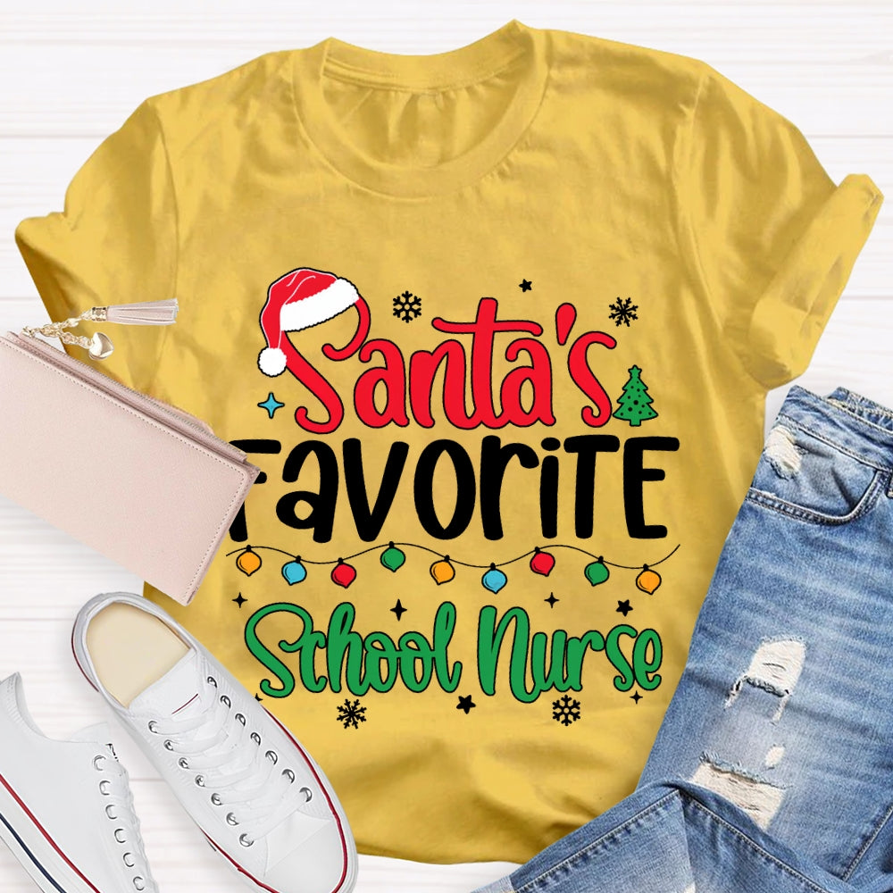 Santa'S Favorite School Nurse Christmas Lights And Santa Hats T-shirt