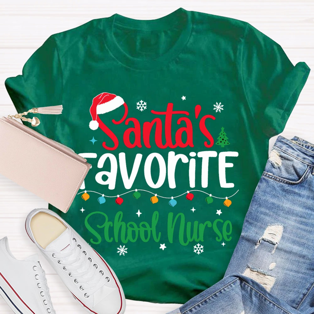 Santa'S Favorite School Nurse Christmas Lights And Santa Hats T-shirt
