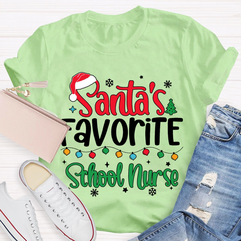 Santa'S Favorite School Nurse Christmas Lights And Santa Hats T-shirt
