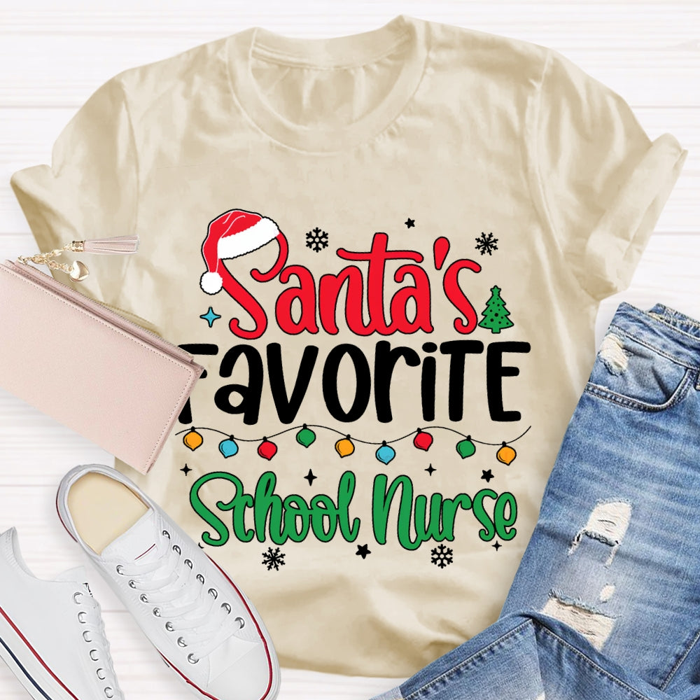 Santa'S Favorite School Nurse Christmas Lights And Santa Hats T-shirt