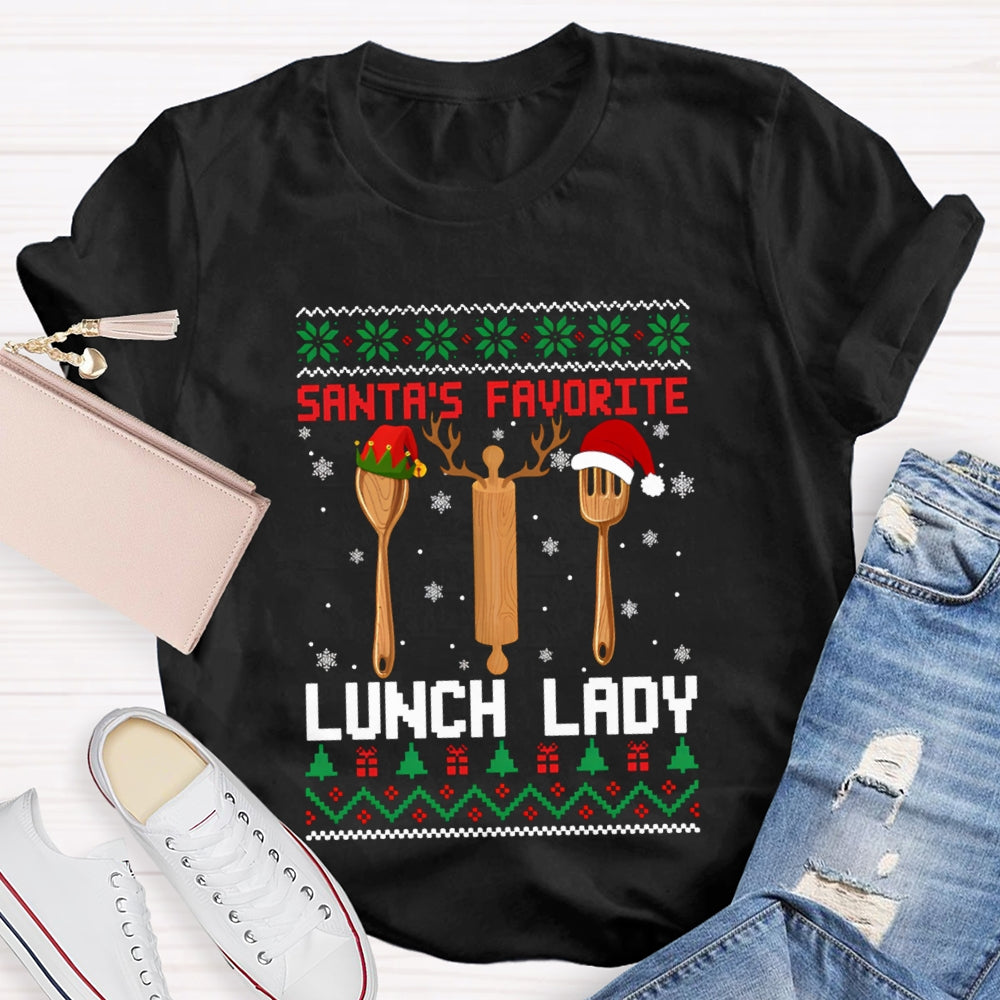 Santa'S Favorite Lunch Lady Christmas Spoons And Snowflakes T-shirt
