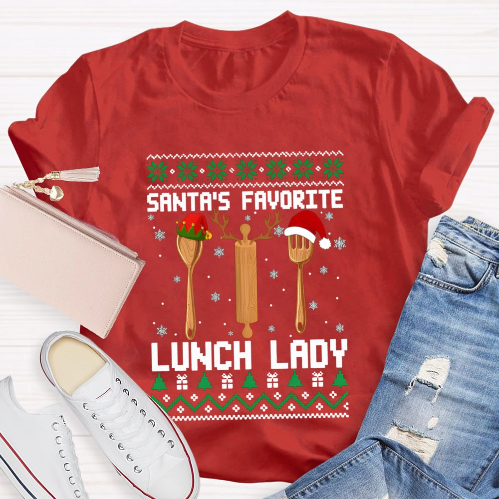 Santa'S Favorite Lunch Lady Christmas Spoons And Snowflakes T-shirt