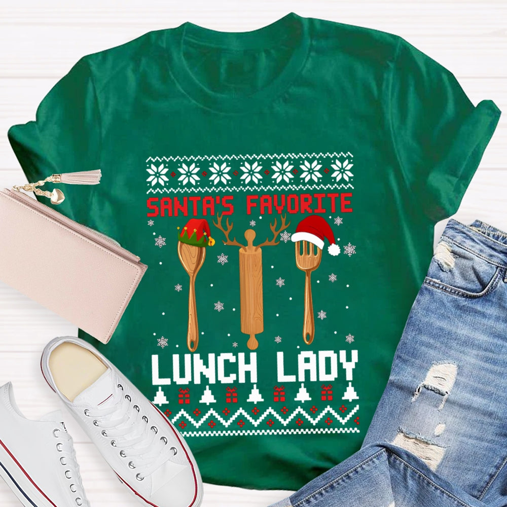 Santa'S Favorite Lunch Lady Christmas Spoons And Snowflakes T-shirt