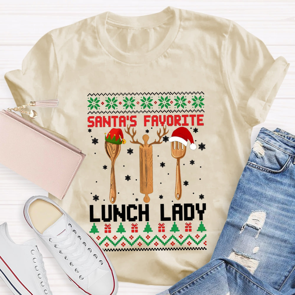 Santa'S Favorite Lunch Lady Christmas Spoons And Snowflakes T-shirt