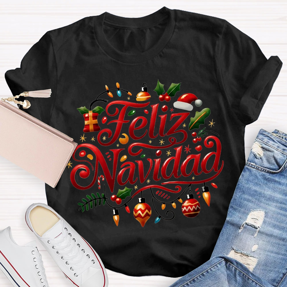 Feliz Navidad Christmas Lights Bilingual Teacher T-shirt