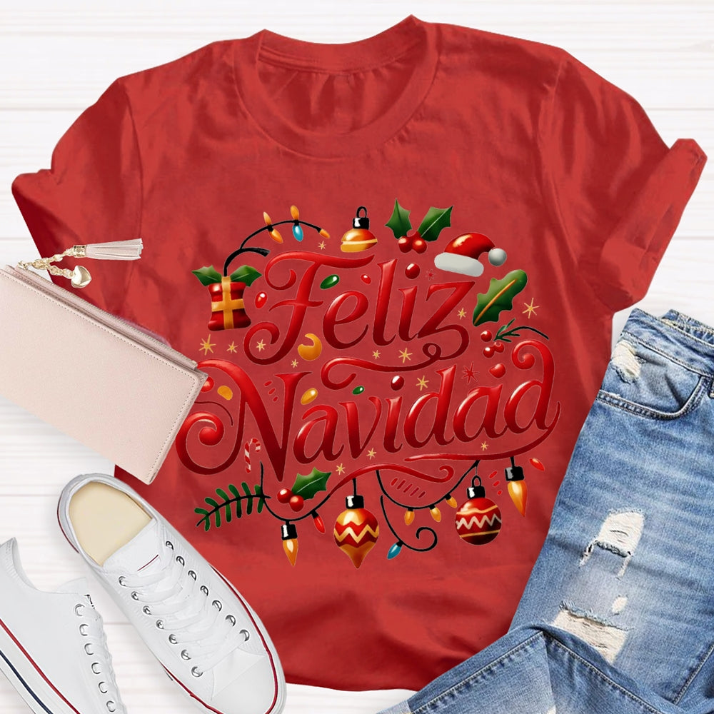 Feliz Navidad Christmas Lights Bilingual Teacher T-shirt
