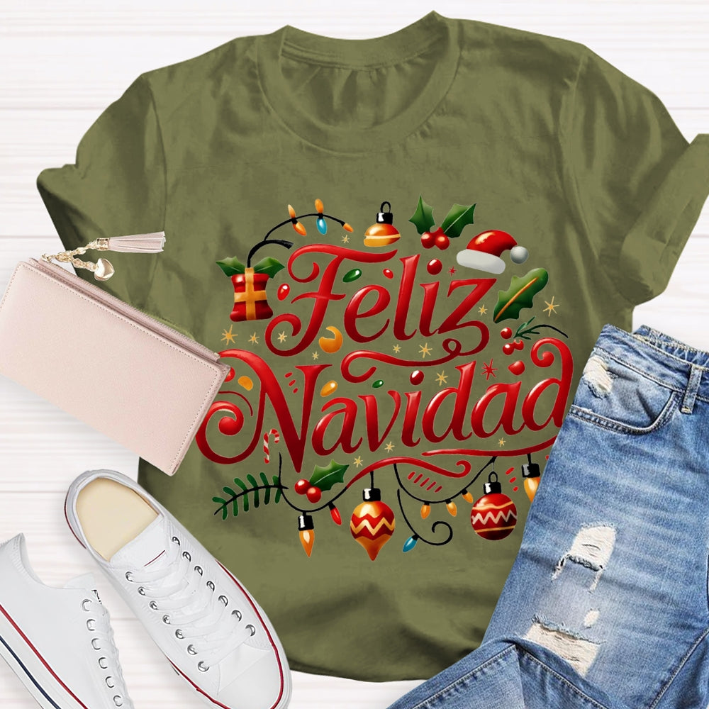 Feliz Navidad Christmas Lights Bilingual Teacher T-shirt