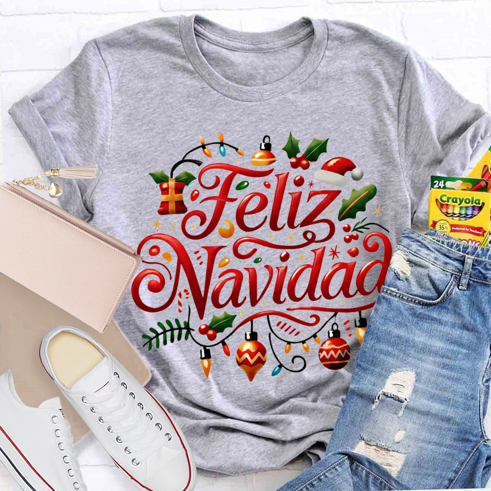 Feliz Navidad Christmas Lights Bilingual Teacher T-shirt