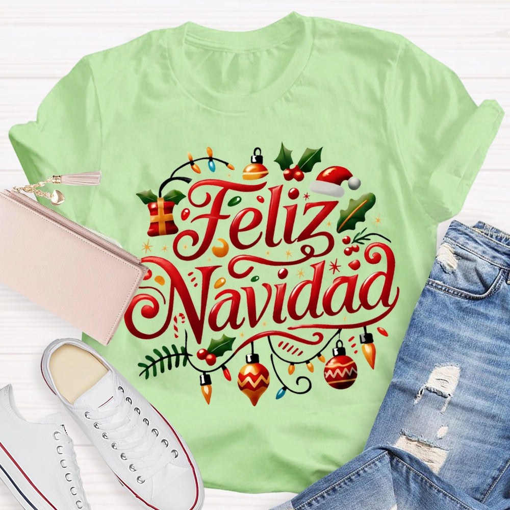 Feliz Navidad Christmas Lights Bilingual Teacher T-shirt