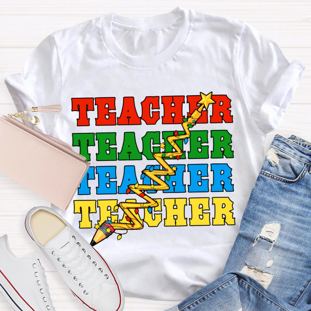Teacher Different Colored Fonts And Christmas Lights T-shirt
