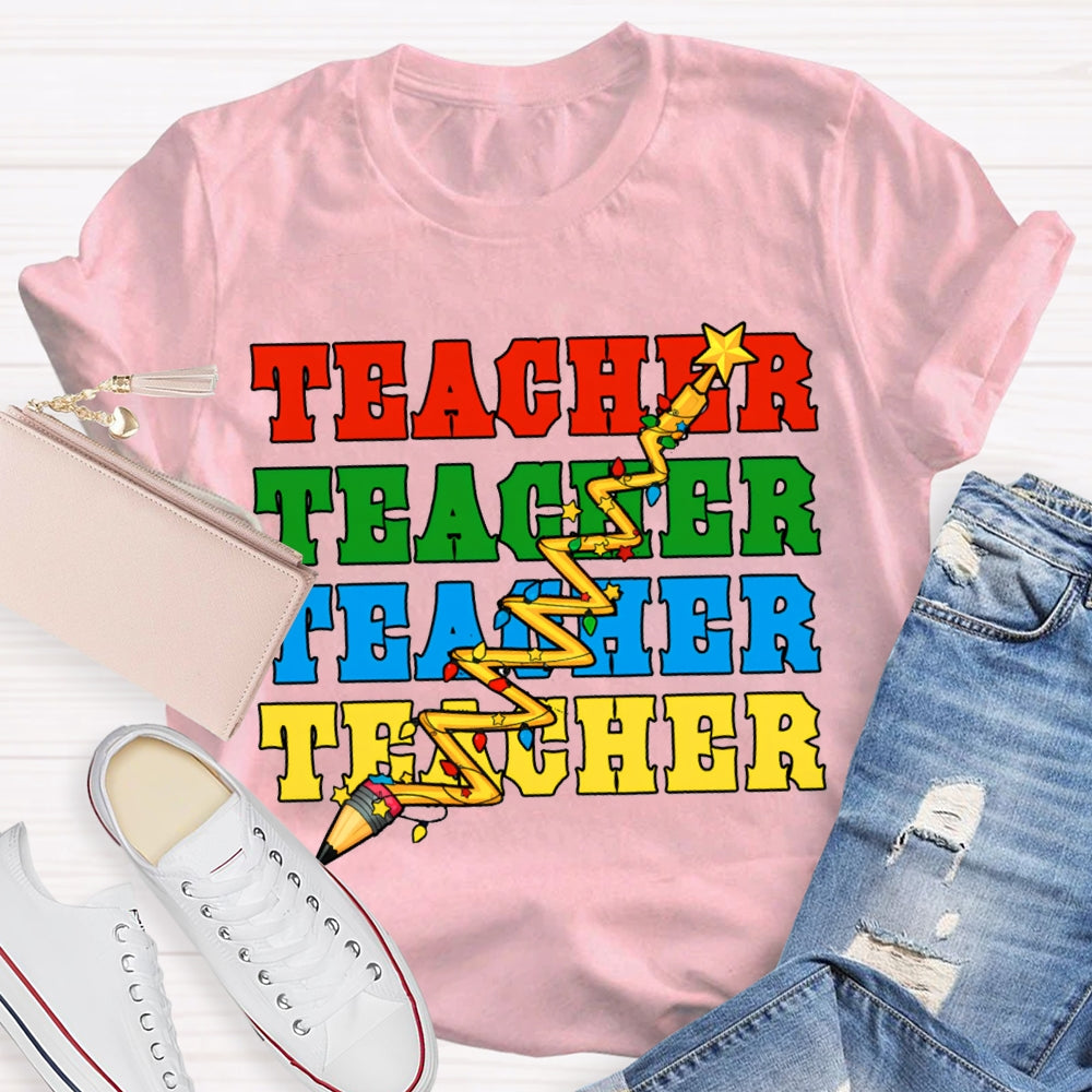 Teacher Different Colored Fonts And Christmas Lights T-shirt