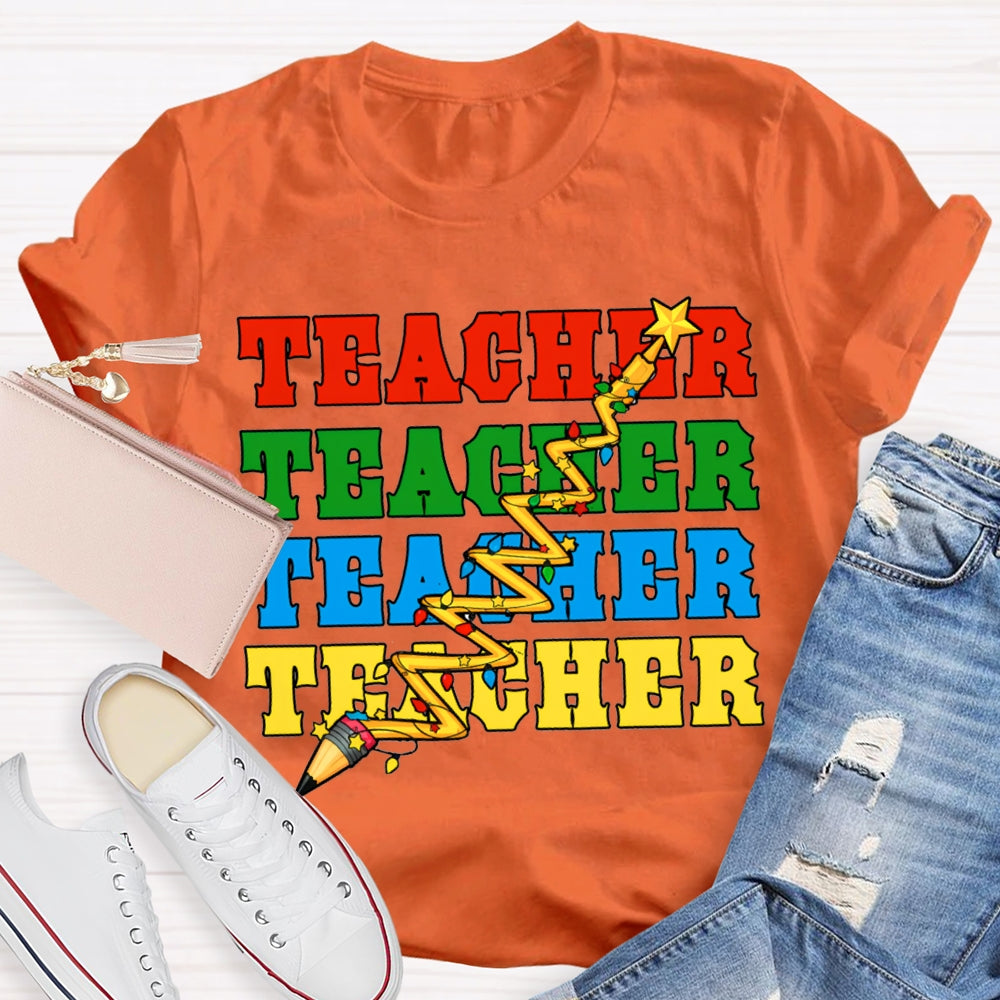 Teacher Different Colored Fonts And Christmas Lights T-shirt
