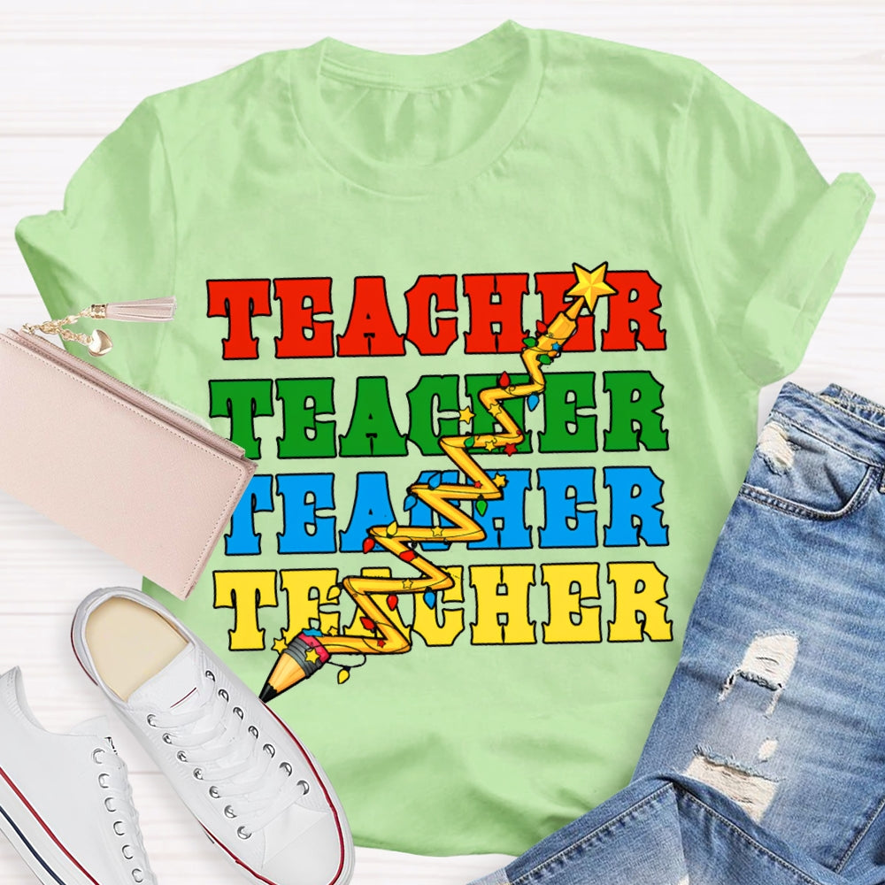 Teacher Different Colored Fonts And Christmas Lights T-shirt