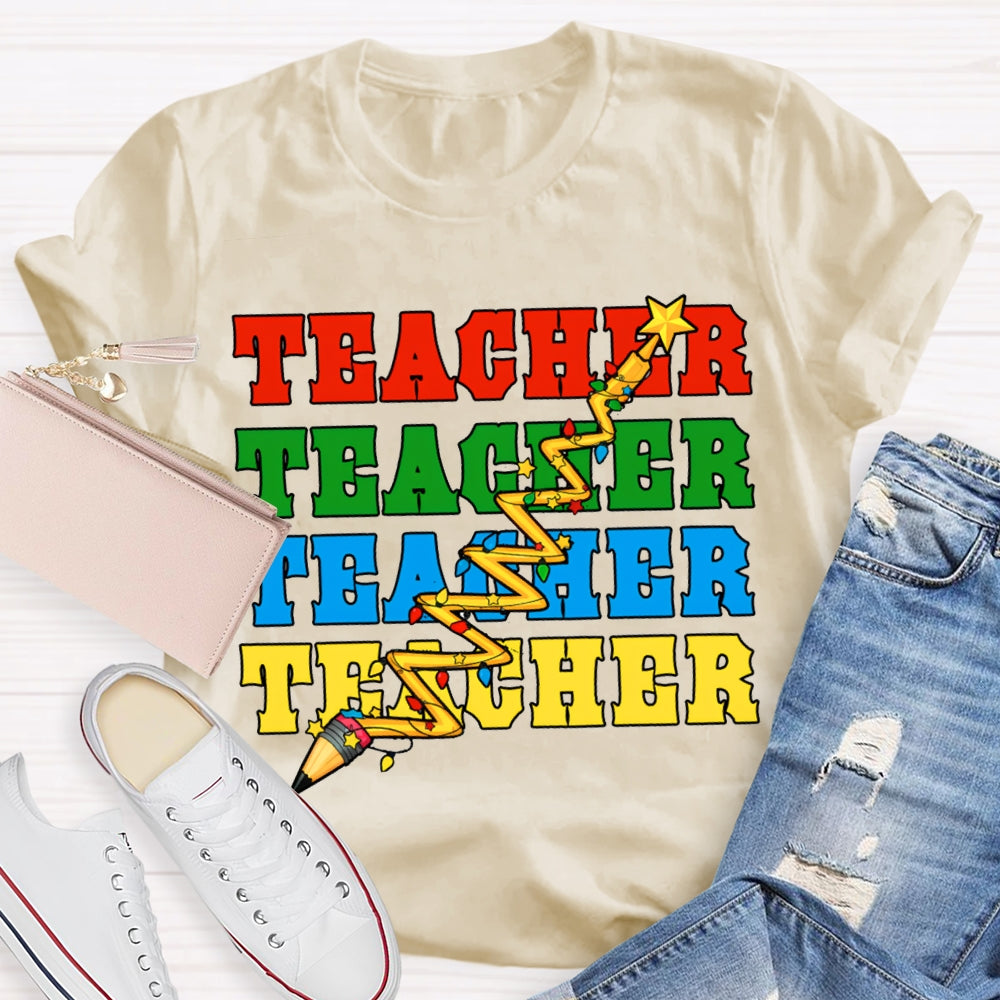 Teacher Different Colored Fonts And Christmas Lights T-shirt