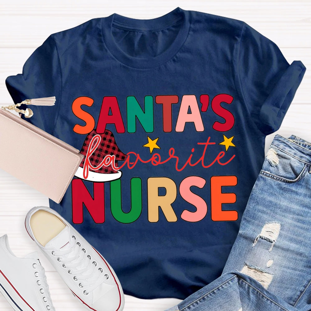 Santa'S Favorite Nurse Santa Hats And Colorful Lettering T-shirt