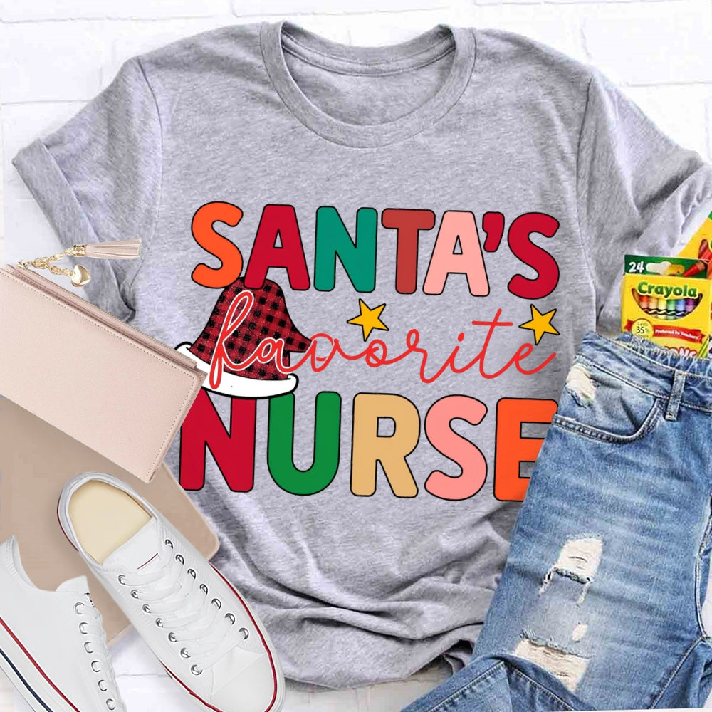 Santa'S Favorite Nurse Santa Hats And Colorful Lettering T-shirt