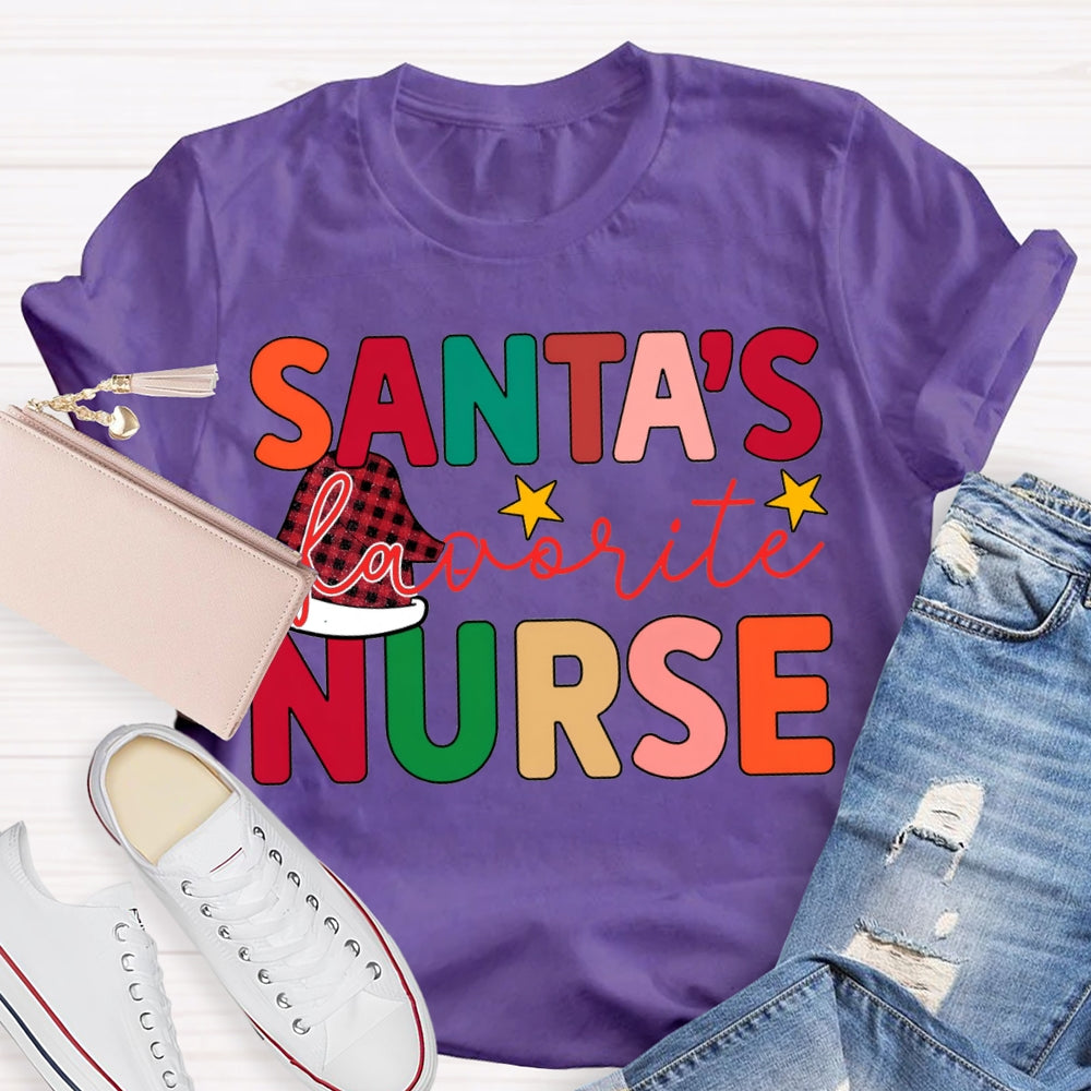 Santa'S Favorite Nurse Santa Hats And Colorful Lettering T-shirt