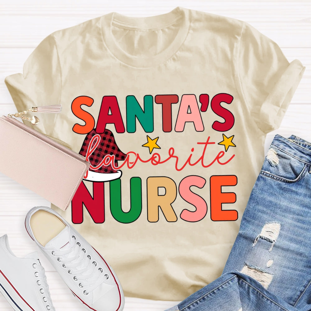 Santa'S Favorite Nurse Santa Hats And Colorful Lettering T-shirt