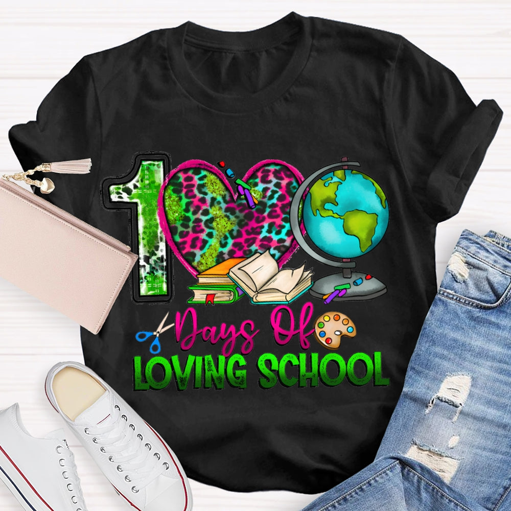100 Days Of Loving School Leopard Print Hearts And Colorful Fonts T-shirt