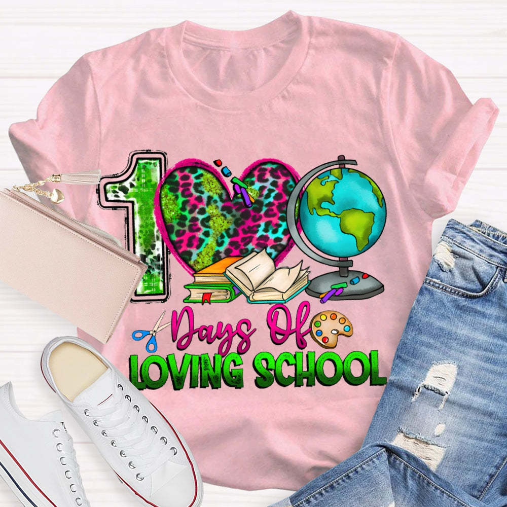 100 Days Of Loving School Leopard Print Hearts And Colorful Fonts T-shirt