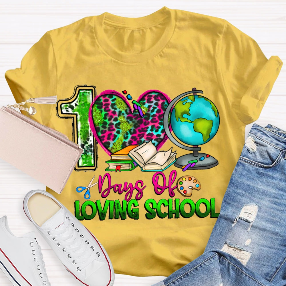 100 Days Of Loving School Leopard Print Hearts And Colorful Fonts T-shirt