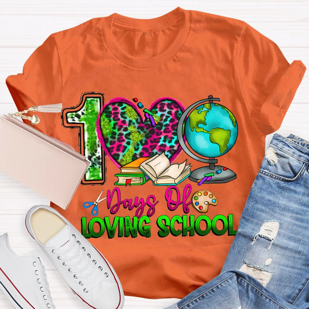 100 Days Of Loving School Leopard Print Hearts And Colorful Fonts T-shirt